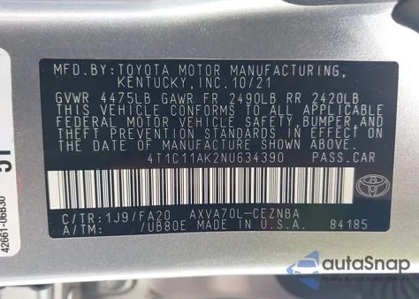 2022 Toyota Camry Le z USA, uszkodzony, nr VIN 4T1C11AK2NU634390